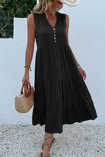 Black A Line V-Neck Long Summer Dress with Buttons